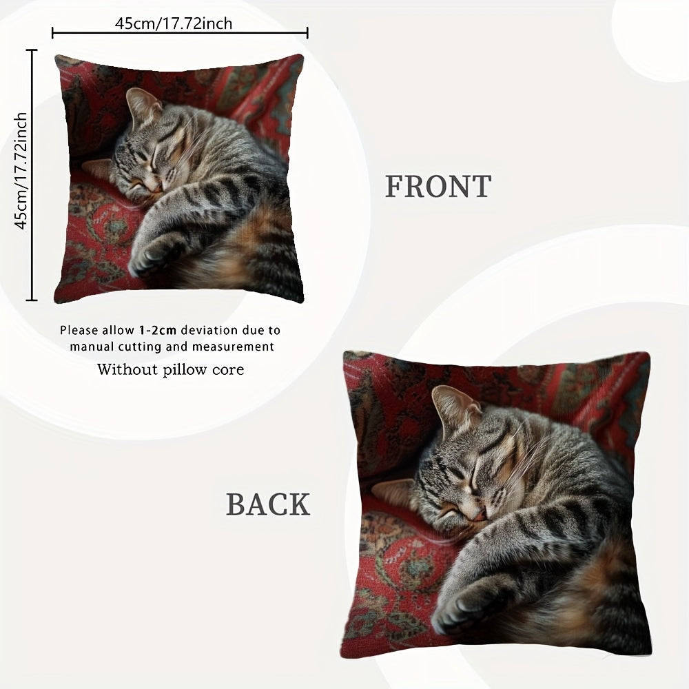 Polyester Pillow Cover featuring a Stylish Gray Tabby Cat design - Zipper Closure, Double-Sided Pattern for Valentine's Day, Halloween, and Christmas Decor - Pillow Not Included