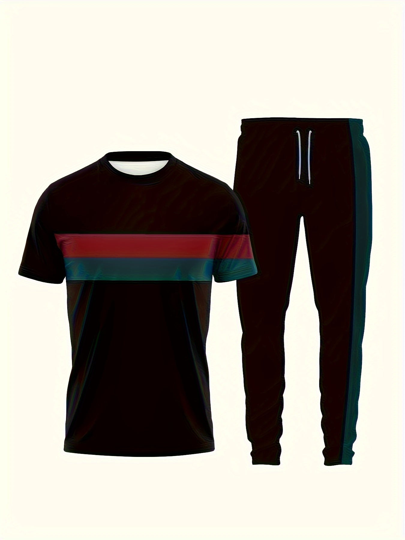 Men's Striped Sports Set with 3D Print, Polyester, Elastic, Round Neck, Patterned Stripes, Spring/Fall, Leisure/Goin Out.