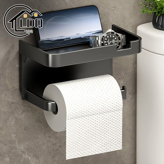 Self-adhesive toilet tissue holder with drawer for tissue and phone storage.