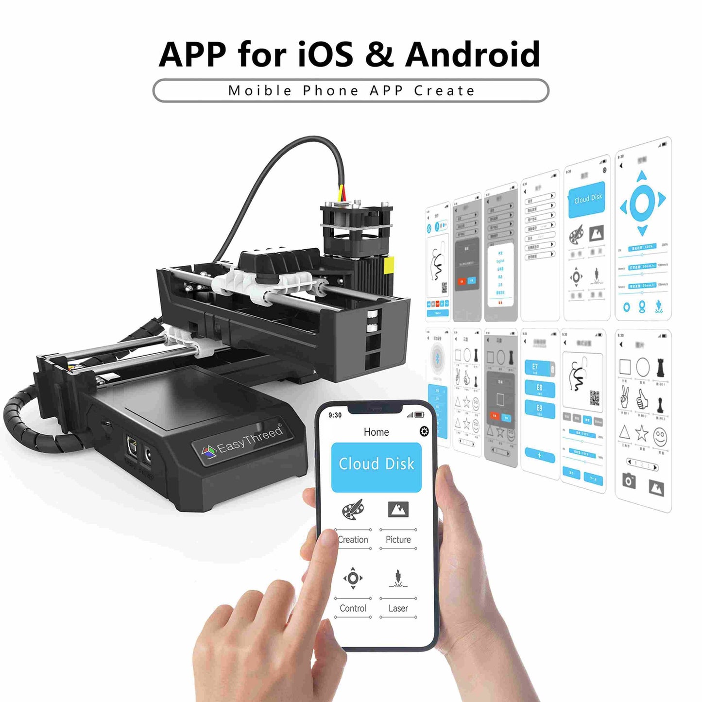 EasyThreed 2W Laser Engraver for beginners with wireless connectivity, 100x100mm engraving area, compatible with Android & iOS. Ideal for DIY projects on various materials. Includes EU plug