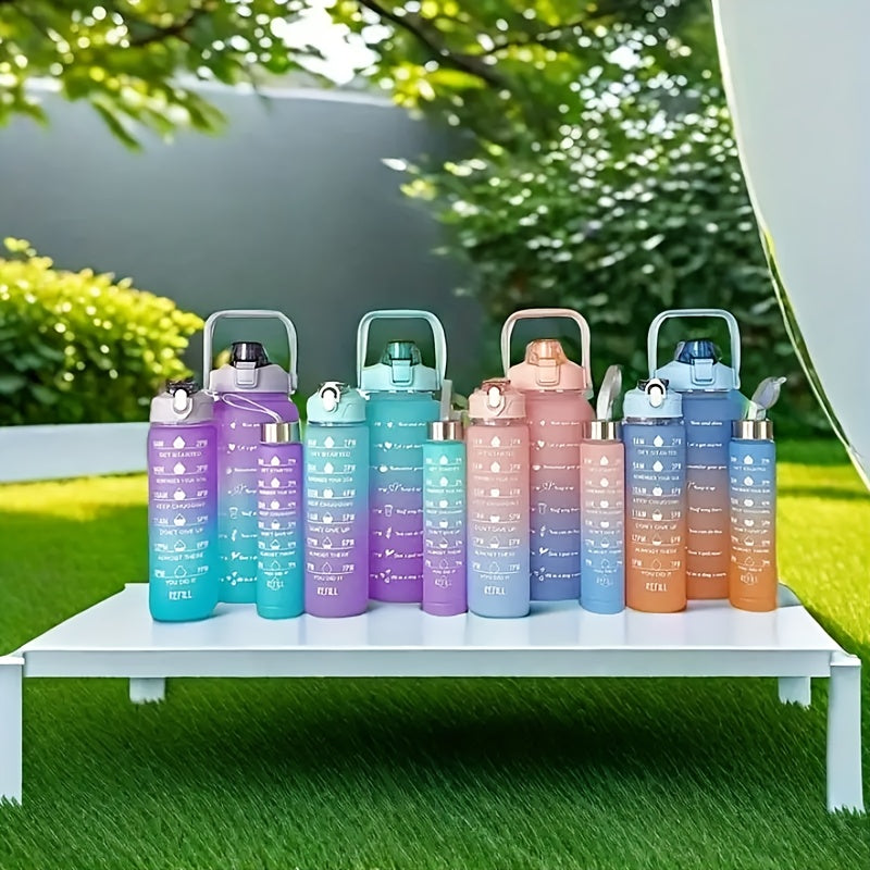 Motivational water bottle set with various sizes for outdoor activities and fitness, great as birthday gifts.