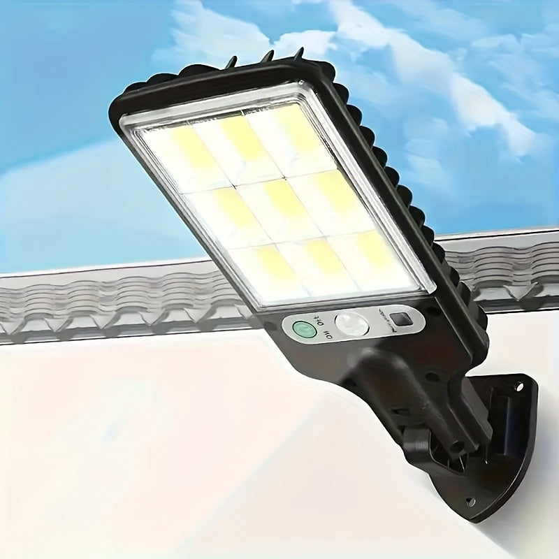 Solar-powered LED motion sensor security light with remote control for outdoor spaces, featuring energy efficiency and adjustable wall lighting. Made of durable plastic for easy