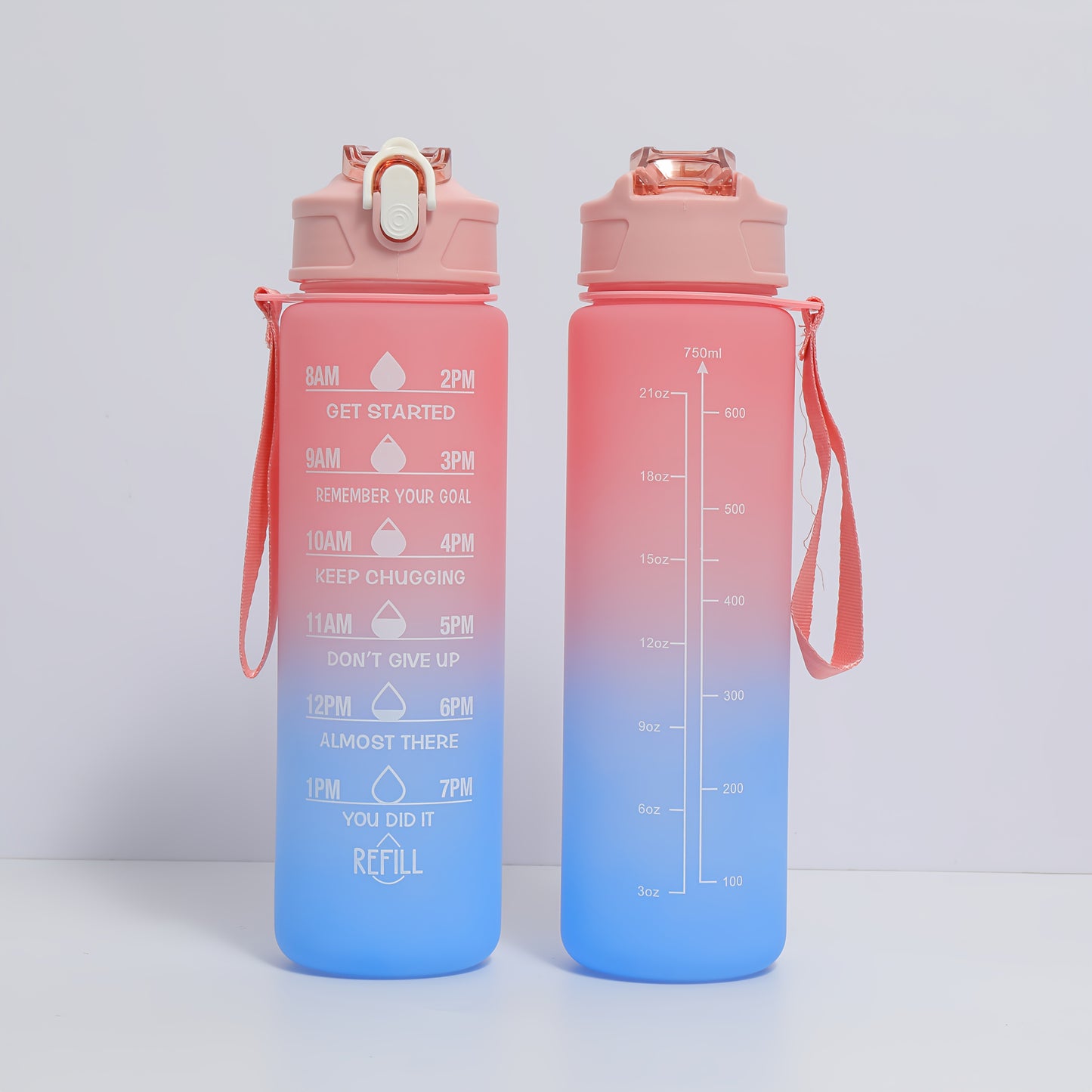 Two BPA-free plastic water bottles with time stamp and straw, lightweight and round with fixed hand strap. Hand wash only. Ideal for sports and daily use.