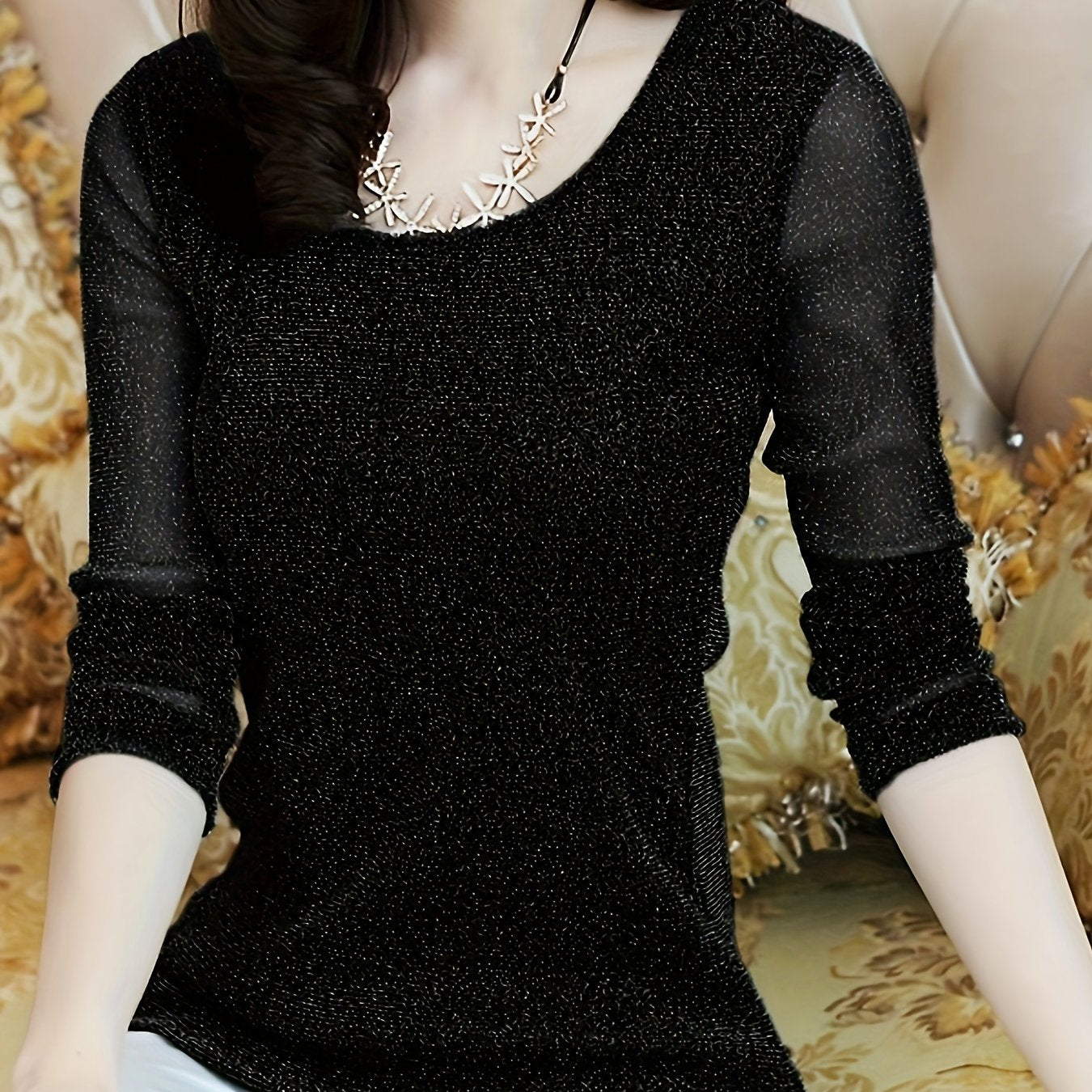 Semi-sheer crew neck long sleeve t-shirt for women, perfect for spring and fall seasons.