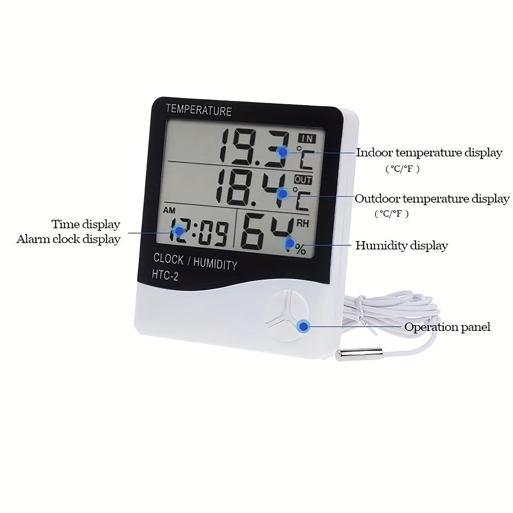 1 dona HTC-2 raqamli termometr gigrometri, ichki va tashqi ob-havo stansiyasi soati LCD displey bilan, batareya bilan ishlaydigan, 0.1 aniqlik, plastik material, oq - batareya kiritilmagan, gigrometr