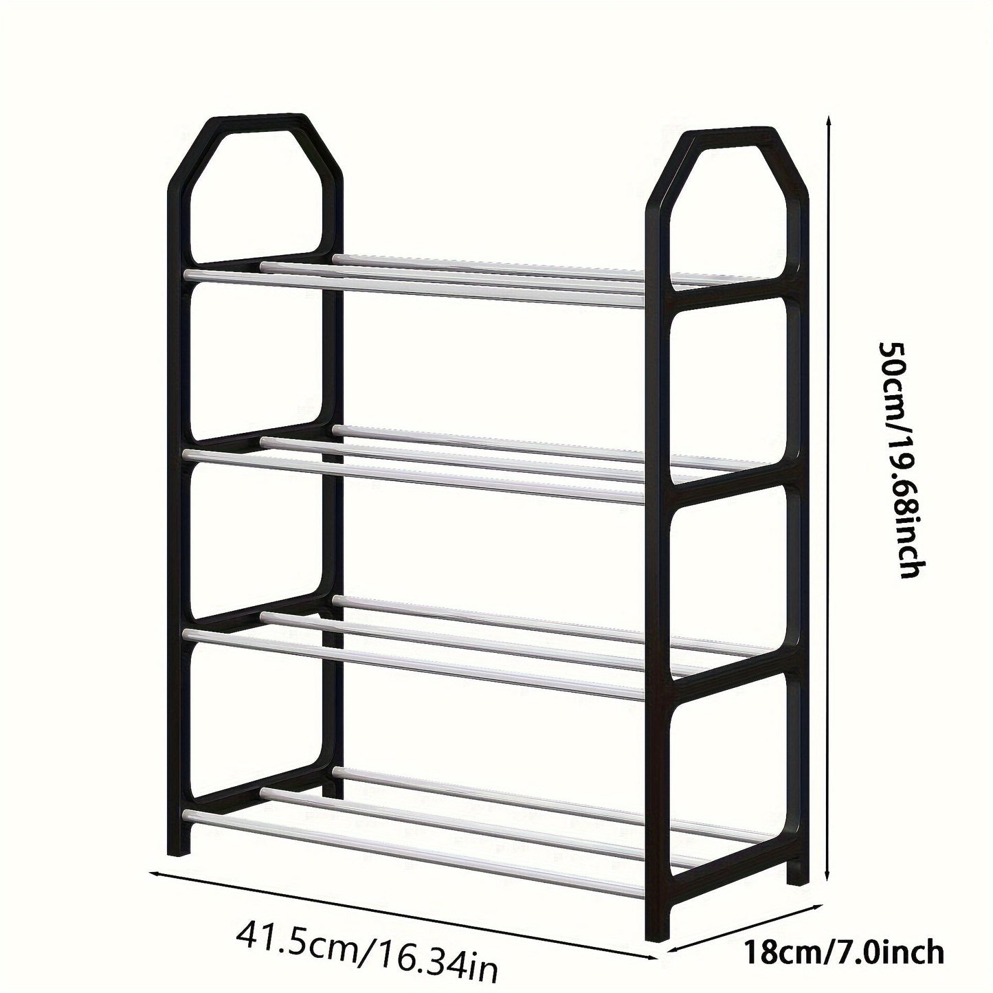 A stackable shoe rack with 4 tiers perfect for organizing shoes in dorms, bedrooms, entryways, hallways, and closets.