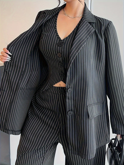 Women's three-piece suit with striped long sleeve jacket, v-neck vest, and trousers for commuting and parties in larger sizes.