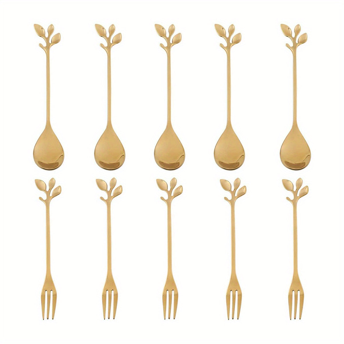 Set of 10 elegant kitchen utensils, including golden stainless steel cherry blossom spoons and forks. Perfect for dining and entertaining, this flatware set combines functionality with a touch of sophistication.