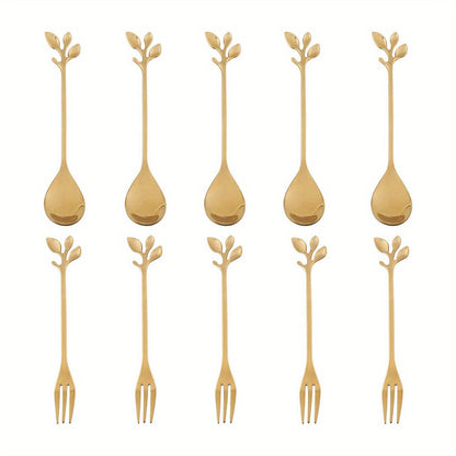 Set of 10 elegant kitchen utensils, including golden stainless steel cherry blossom spoons and forks. Perfect for dining and entertaining, this flatware set combines functionality with a touch of sophistication.