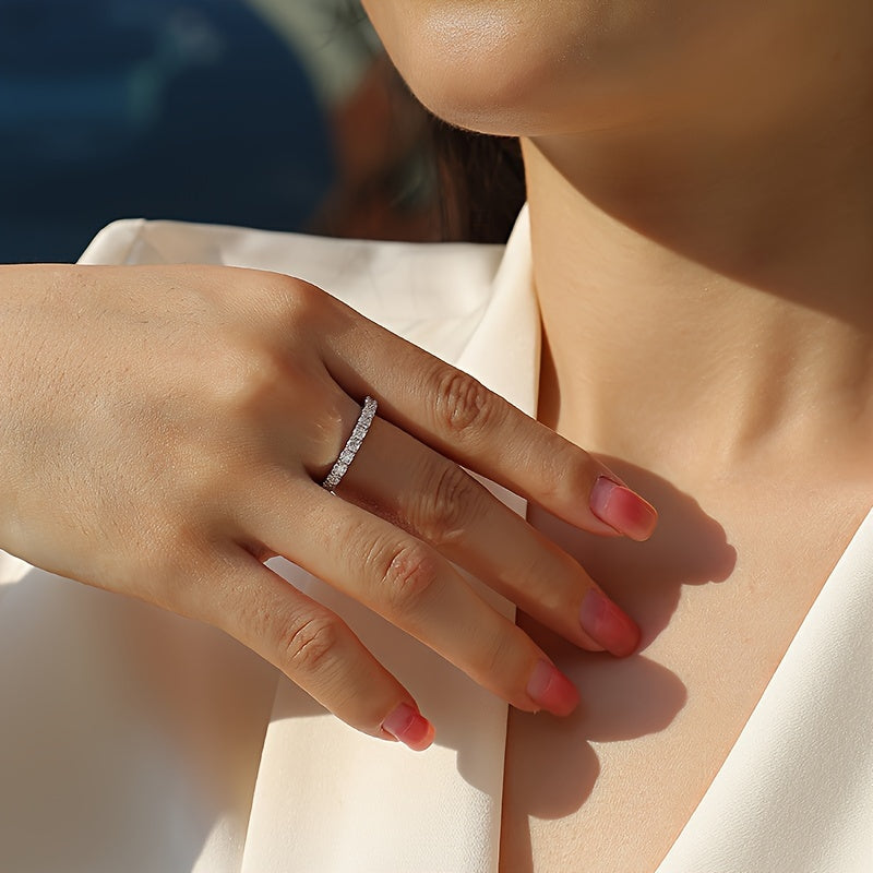 Elegant Moissanite Thin Band Ring in 925 Sterling Silver, Shiny and Iced Out, with Gift Box