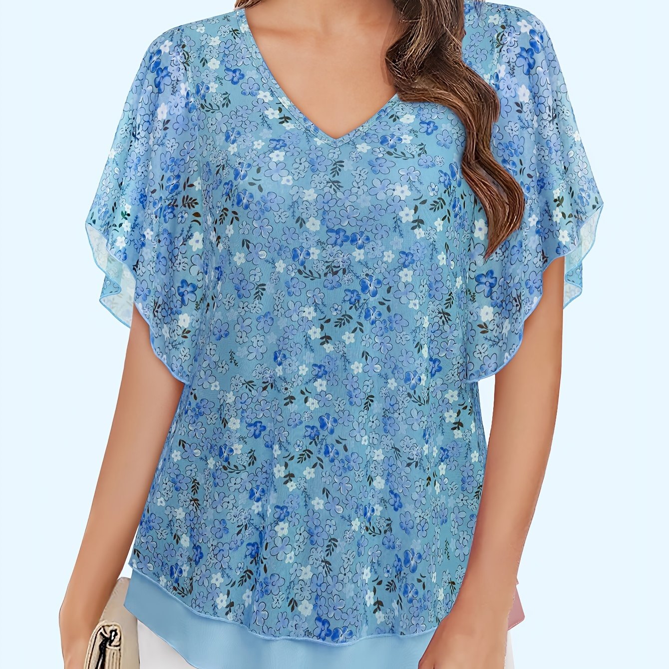 Women's Double Layer Mesh Blouses - Short Sleeve V Neck Tunic Tops