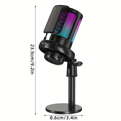 NJSJ USB Microphone with RGB lighting for PC, PS4/PS5, Mac, and phone, perfect for streaming and podcasting.