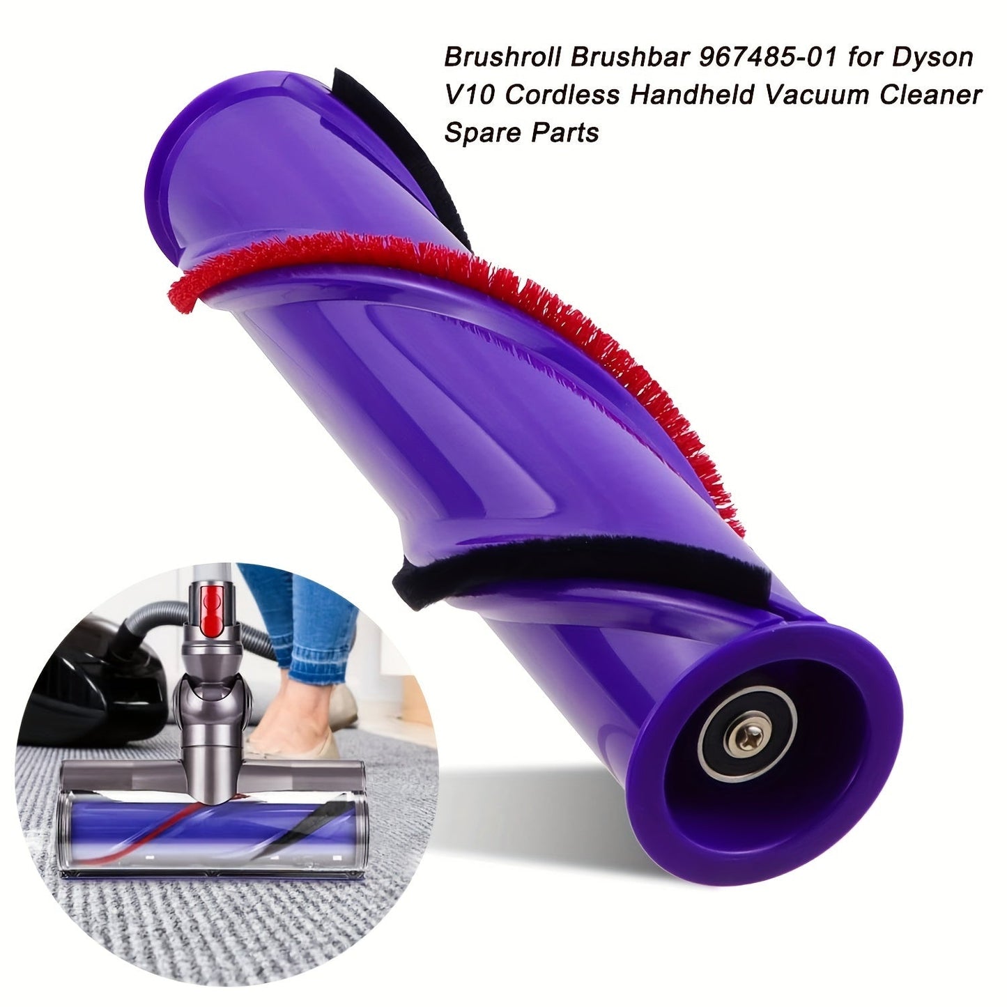 Replacement Roller Brush for Dyson V10 Cordless Vacuum in Durable Purple - Compatible with 3-Prong Drive, Featuring Easy-Attach Design and Red Bristles for Effective Floor Cleaning. Perfect for Cordless Vacuum Cleaner.