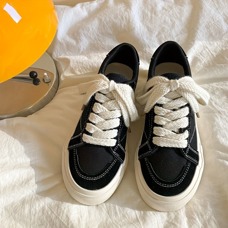 Casual platform canvas sneakers with thick retro soles, solid color design, hand washable fabric inner, and TPR outsole.