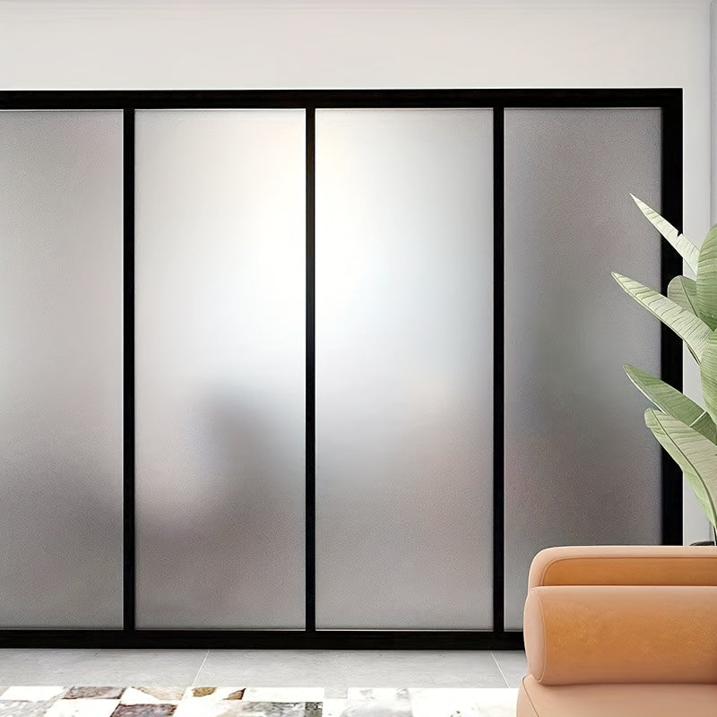 1 roll of contemporary frosted glass film, 2 mil thick with a static cling for privacy, made of opaque PVC for heat control. This non-adhesive window sticker is perfect for decorating bedroom, bathroom, and home office.