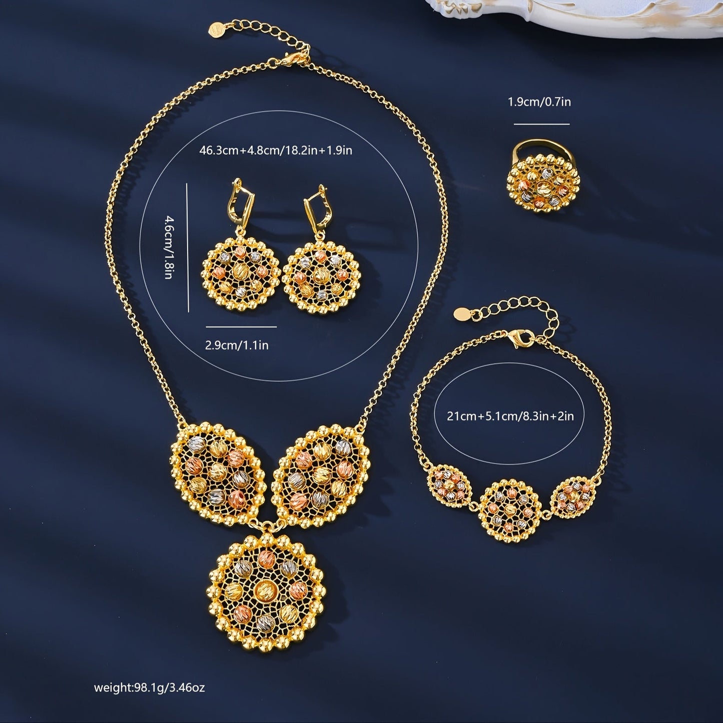 Luxurious MEIZ jewelry set featuring 18K gold-plated pieces in Bohemian and Arabian styles. Set includes necklace, earrings, ring, and bracelet all made with high-quality copper. Versatile for daily wear or gifting, perfect for Ramadan and all seasons.