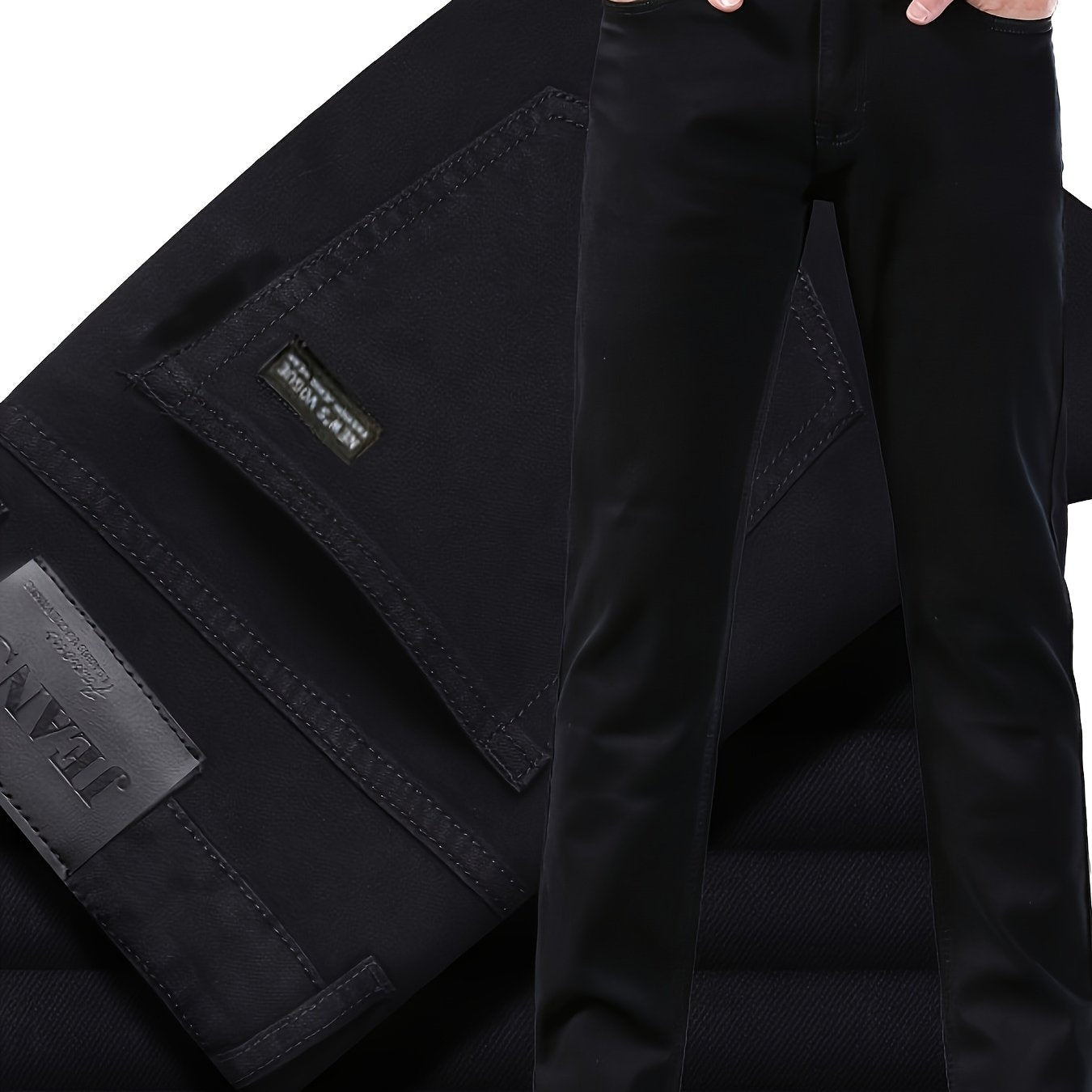 NUOYAOI Men's Slim-Fit Stretch Denim Jeans in classic solid black, lightweight and versatile for all seasons. Features pockets, zipper/button closure, and suitable for business or casual