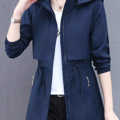 Zip-up windbreaker hoodie jacket with drawstring waist, slant pockets, suitable for spring and fall. Women's casual clothing.