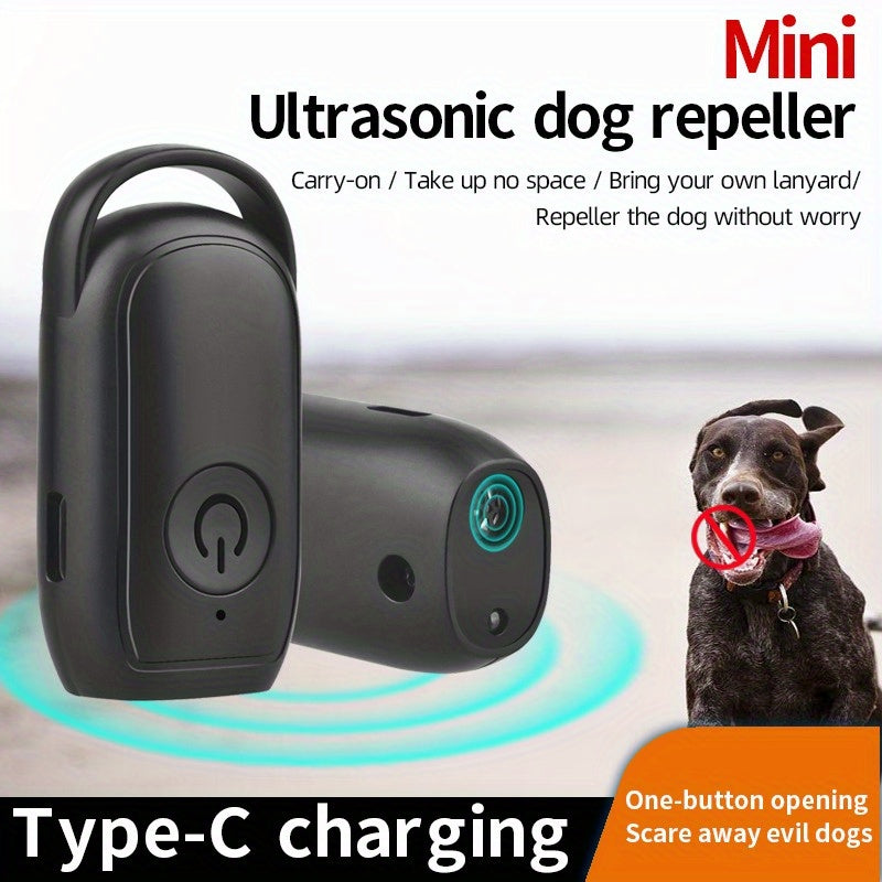 Mini Ultrasonic Dog Repeller with LED light and battery to scare dogs and stop barking.