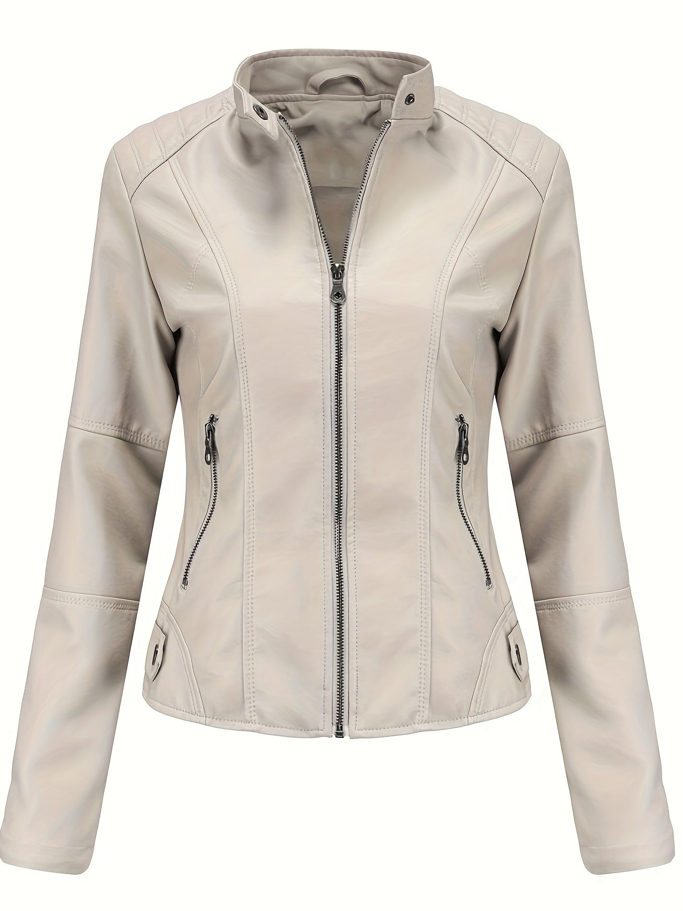 Beige biker style jacket for women, ideal for spring/fall with zipper details, stand collar, and slant pockets. Functional and sleek for casual outerwear.