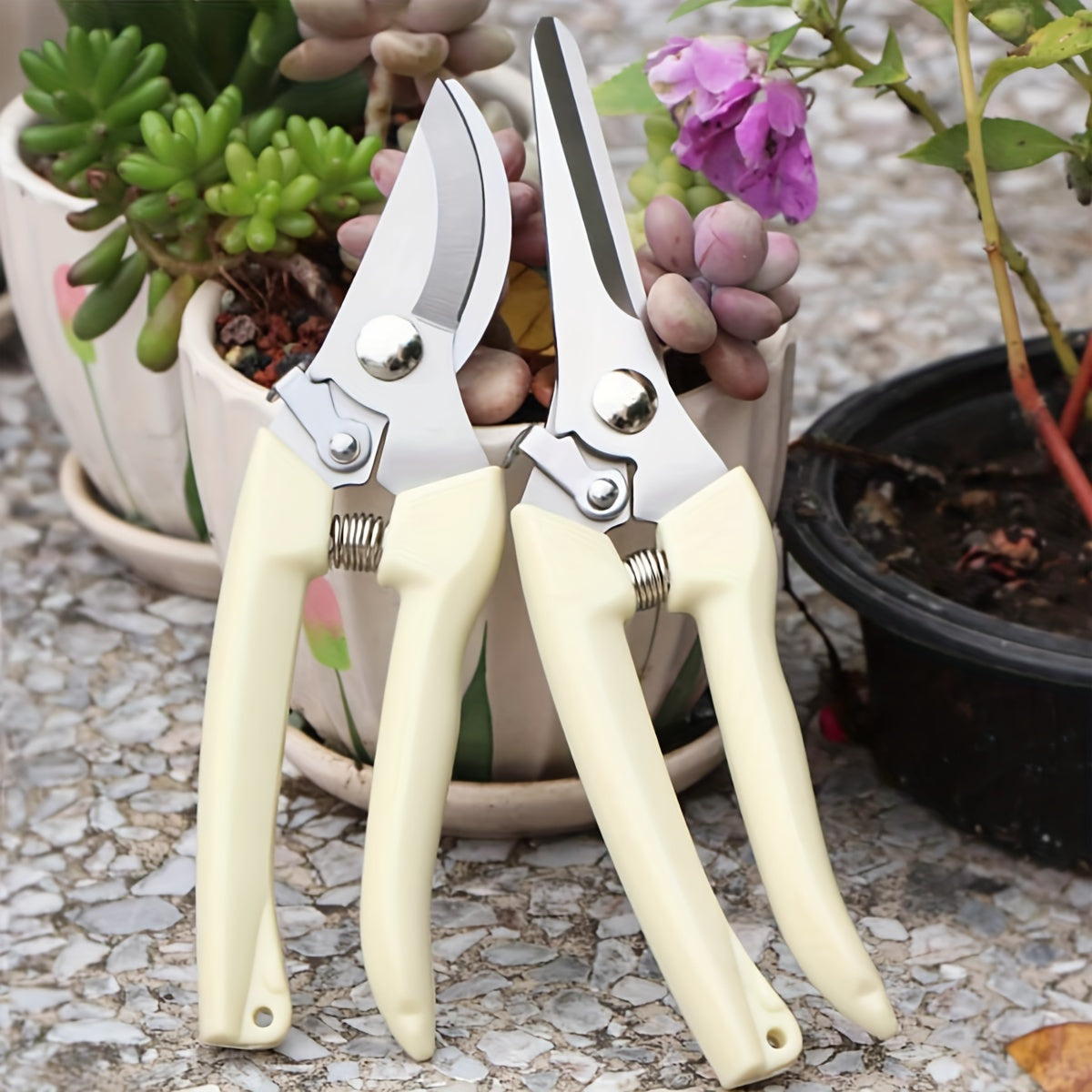 Set of garden pruning shears with sharp blades for cutting flowers, trimming plants, bonsai, and picking fruits.