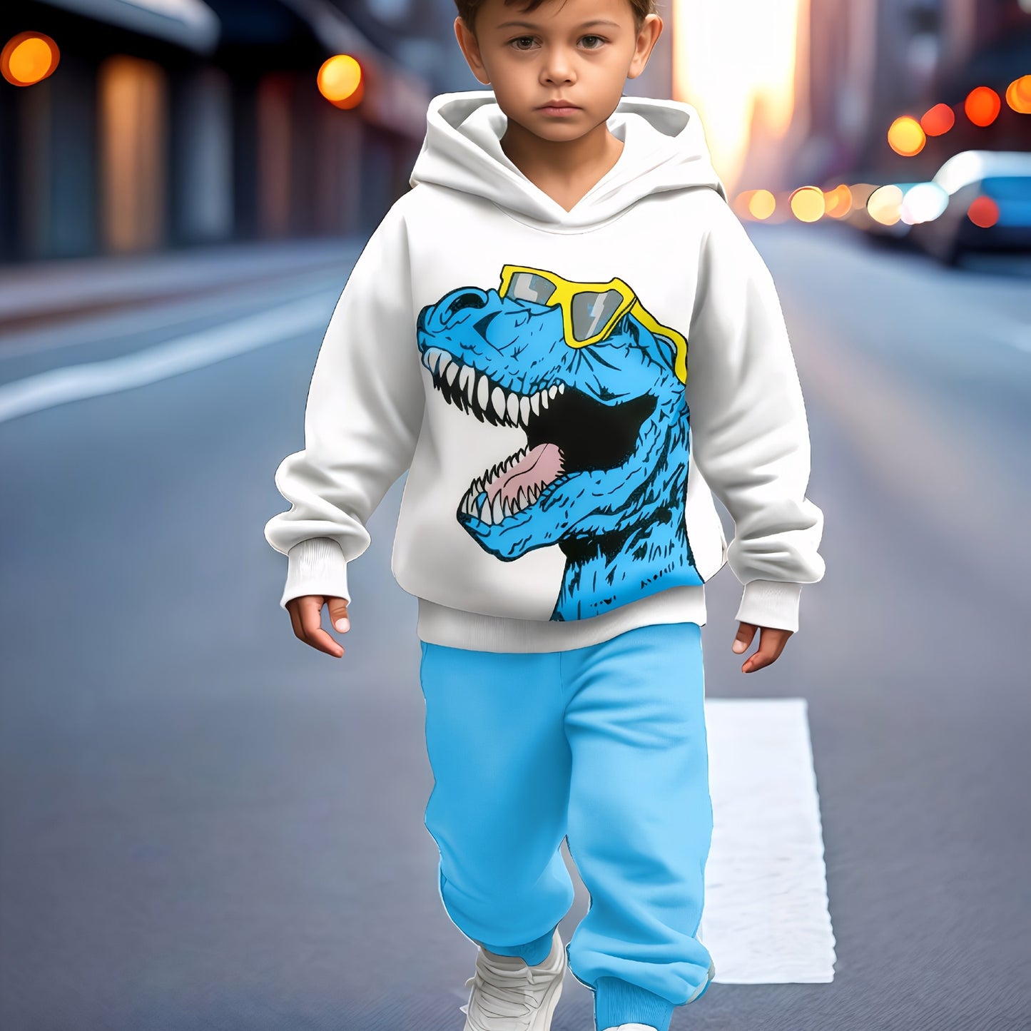 2-piece dinosaur print sweatshirt sports suit for boys, ideal for outdoor wear in spring and autumn. Comfortable fabric, great gift for youngsters.