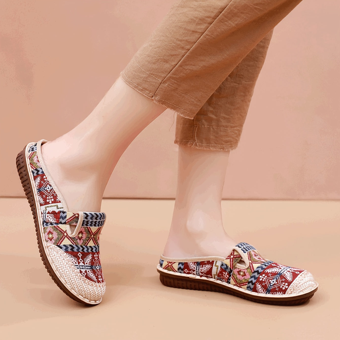 Womens Summer 2024 Fashion Tribal Style Slip-On Shoes with Breathable Fabric Upper and Faux Sole