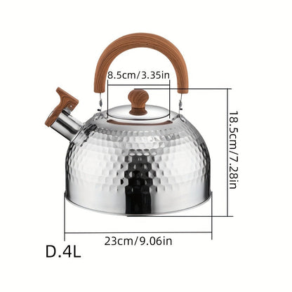 An outdoor-friendly stainless steel kettle with a hammered texture and a whistling spout, ideal for boiling water in the backyard to make tea or coffee.