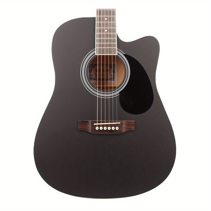 41-inch all mahogany black folk guitar with matte finish, enclosed tuners, tech wood fingerboard, rosewood bridge, black pickguard, includes black gig bag, picks, strap. Eid Al-Adha Mubarak.