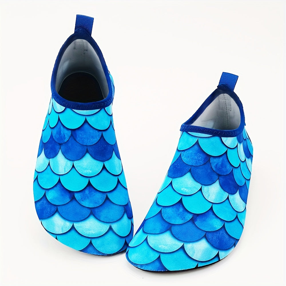 Colorful fish scale print slip-on water shoes for toddler girls, perfect for summer fun at the beach.