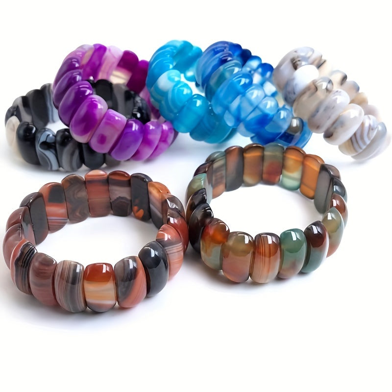 Colorful Striped Botswana Agate Beaded Bracelets - 10x25mm Natural Agate Hand Chains - Perfect for August Birthdays - No Plating - Versatile for Daily Wear and Special Occasions - Year-Round Stylish Accessory