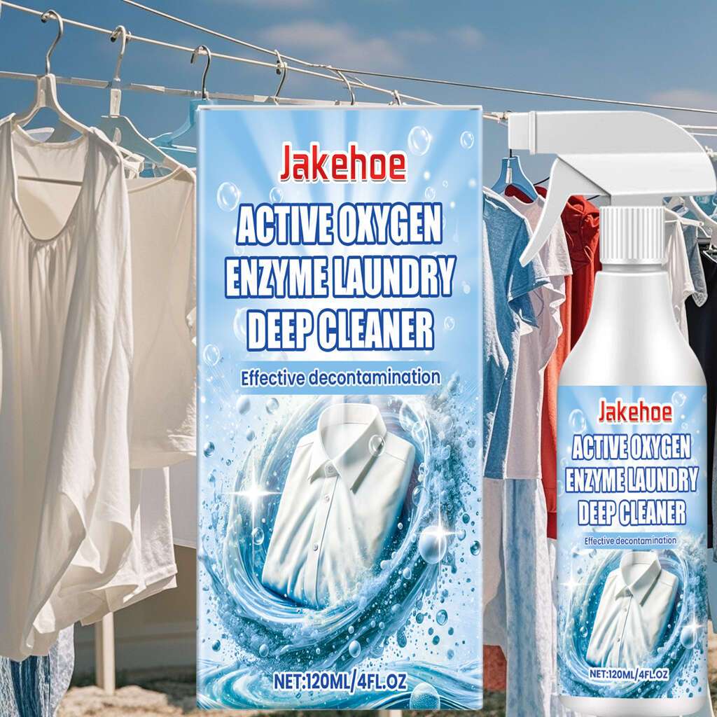 Jakehoe Active Oxygen Enzyme Laundry Deep Cleaner, 120ml size, enhanced with Sodium Bicarbonate for fabric cleaning effectiveness. This smokeless liquid detergent is perfect for removing stains and dirt, with added decontamination spray for a deeper