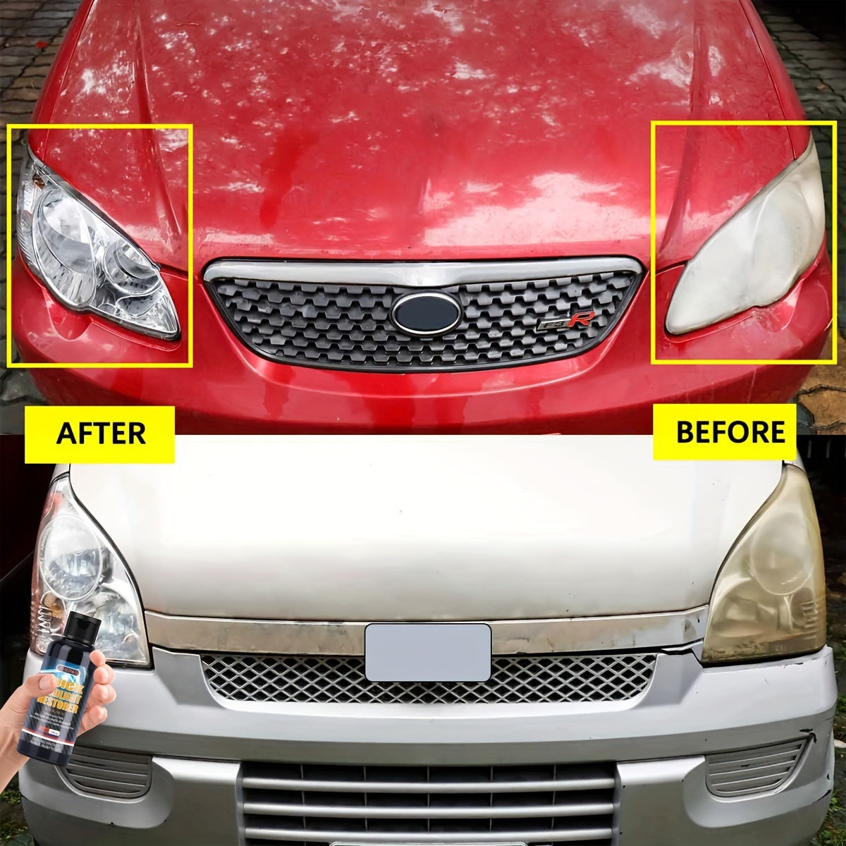 Restore car headlights with a milk-based brightening agent that eliminates yellowing, aging, and the need for polishing.