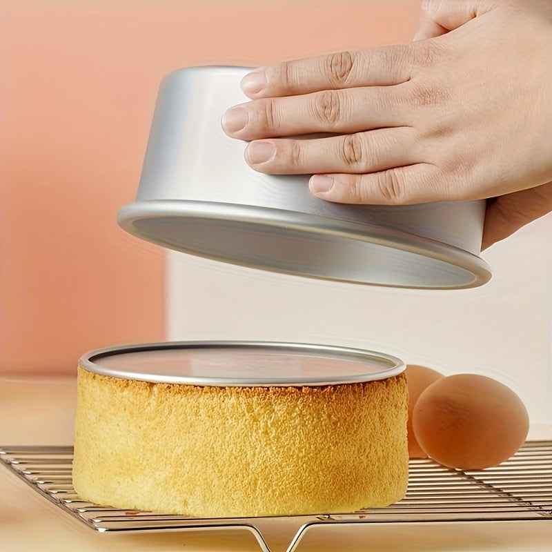 Cake Pan Set includes three pieces in sizes of 10.16cm, 15.24cm, and 20.32cm. These round aluminium cake molds have removable bottoms, making them convenient for baking cakes. Perfect addition to your kitchen tools collection.