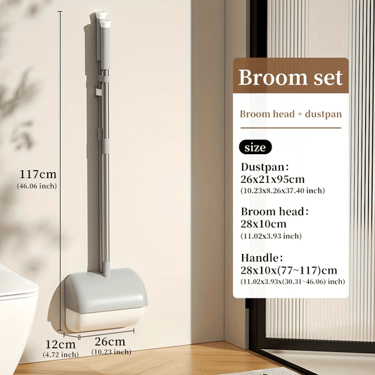 Wall-mounted broom and dustpan set with automatic closing feature and foldable aluminum handle, ideal for cleaning living rooms, bedrooms, kitchens, and patios.