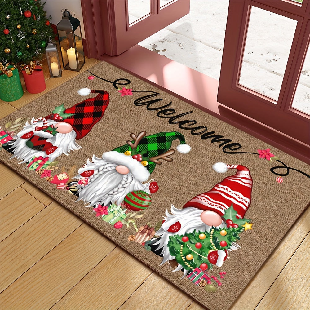 Celebrate the Holidays with This Festive Christmas Gnome Welcome Doormat! Made from Durable 100% Polyester, this 6mm Thick Mat Features Three Adorable Gnomes with Seasonal Charms. The Non-Slip Rubber Backing Keeps it Securely in Place, and it's Machine