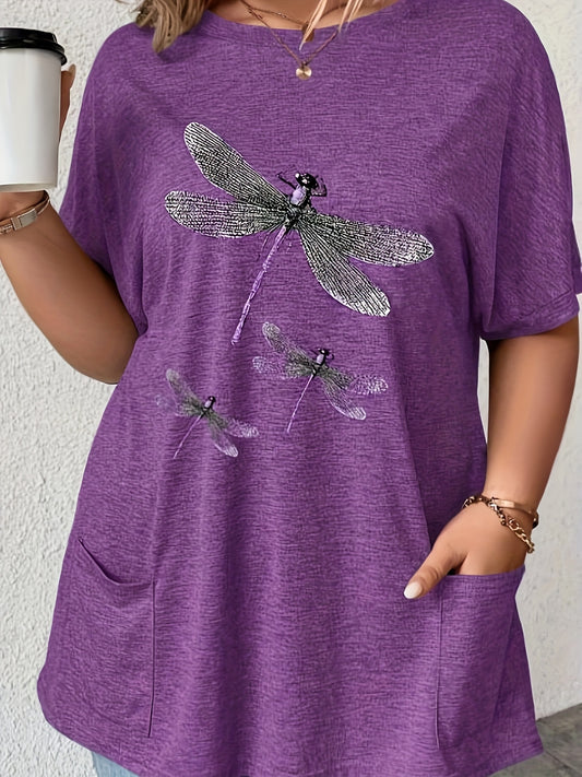 Stylish plus size women's t-shirt with dragonfly print, crew neck, short sleeves, pockets, stretchy polyester blend, machine washable.