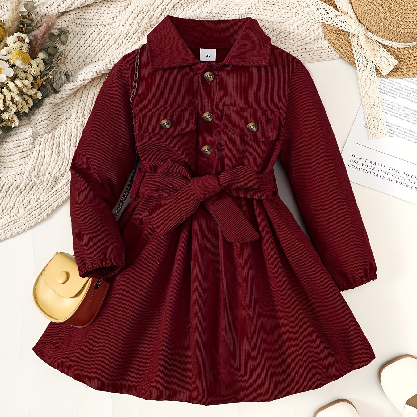 Toddler Girls' Solid Half Button Lapel Dress With Bow Belt for Parties and Winter Events