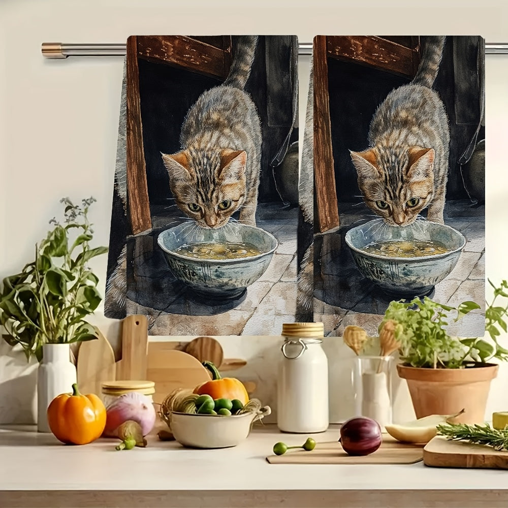 Set of 2 Kitchen Towels with "The Gentle Meow of a Kitten Asking for Food" Design - Super Soft, Quick-Drying & Easy to Clean Dish Hand Towels, Modern 40.64x60.96 cm Size, Ideal for Festive Decor, Must-Have Kitchen Accessories