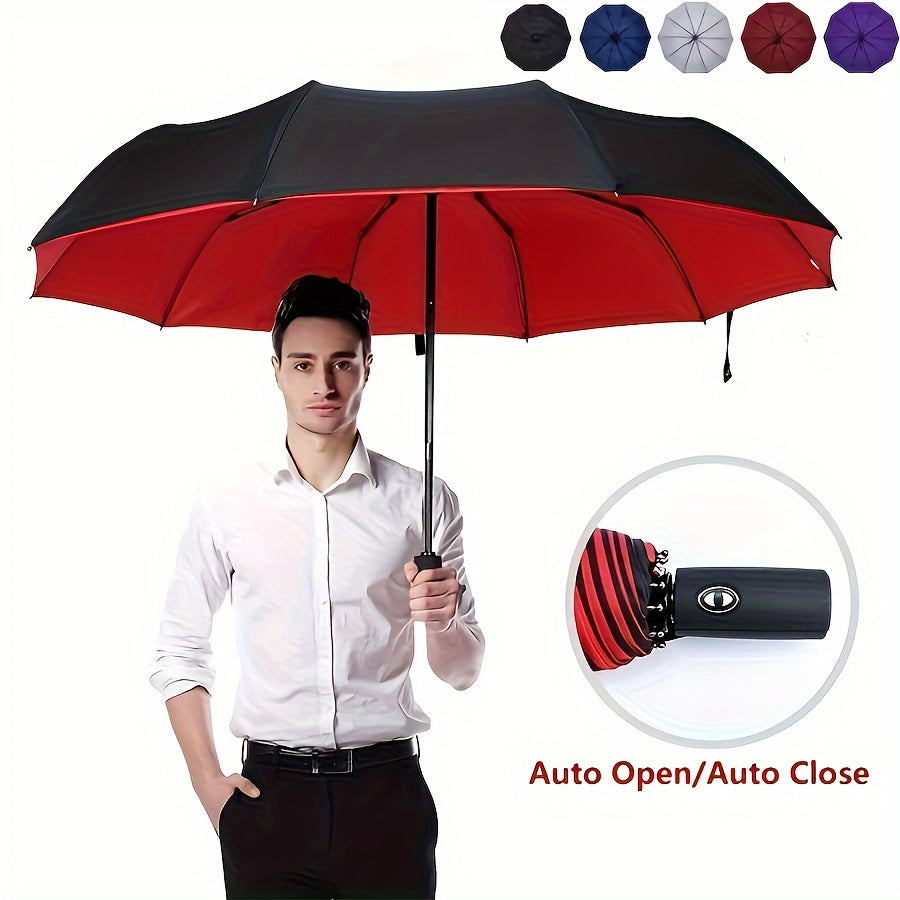 Automatic tri-fold umbrella with windproof feature and durable canopy for enhanced rain protection, perfect for business use.