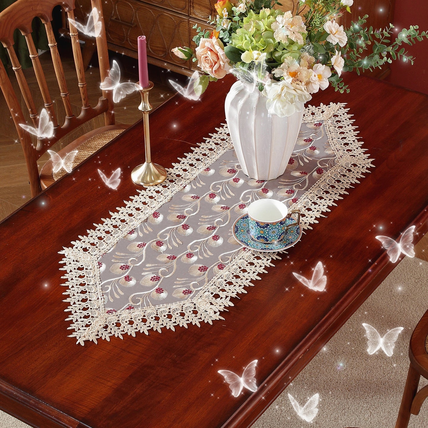 Polyester embroidered table runner for holiday and wedding decor.