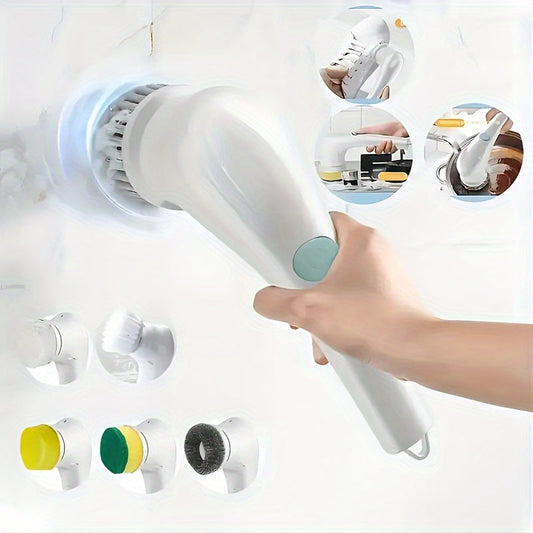 Power Electric Cleaning Brush Set with 5 Brush Heads - Multifunctional Spin Scrubber for Kitchen and Bathroom. USB Rechargeable for easy use in hotels, restaurants, and commercial settings. Ideal for cleaning pots, pans, glass, and bathtubs.