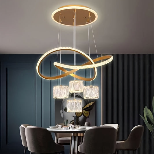 Contemporary crystal LED chandelier with color-changing, dimmable feature. Suitable for multiple rooms with included installation hardware. Hardwired for 110V-240V.