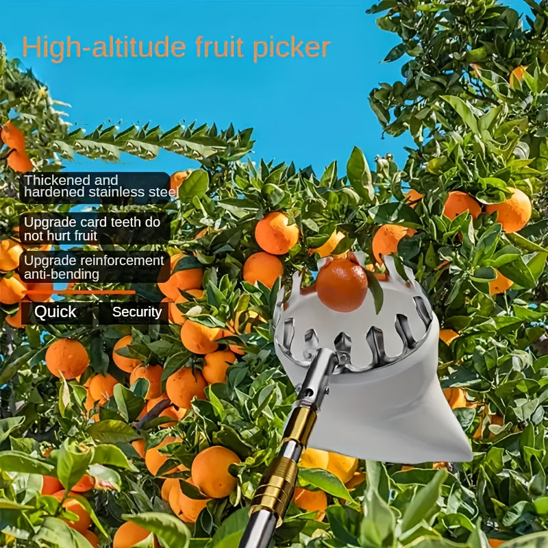 Durable stainless steel fruit picking tool for harvesting apples, oranges, and pears. Enhanced safety features. Ideal gift for New Year or Valentine's Day.