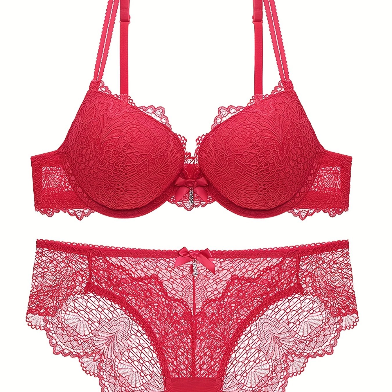 Floral lace lingerie set featuring a sexy push-up lace bra and bow tie panties for women.