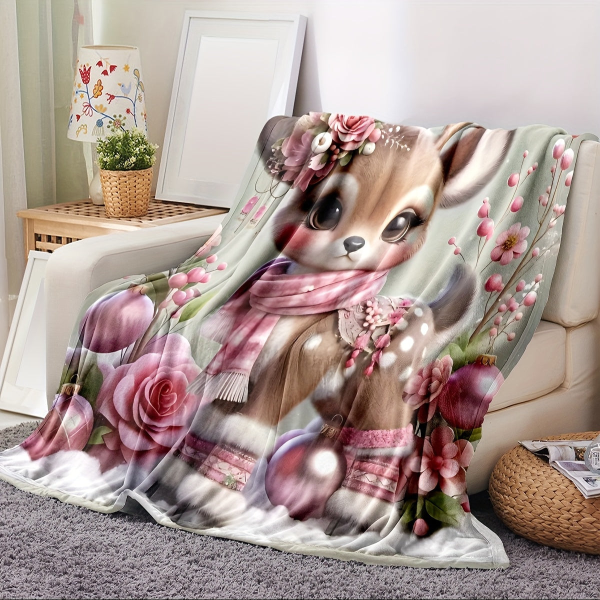 Soft and lightweight deer print flannel throw blanket, perfect for bed, travel, camping, living room, office, sofa, or chair. Provides all-season comfort and a cozy, cute touch to any room.