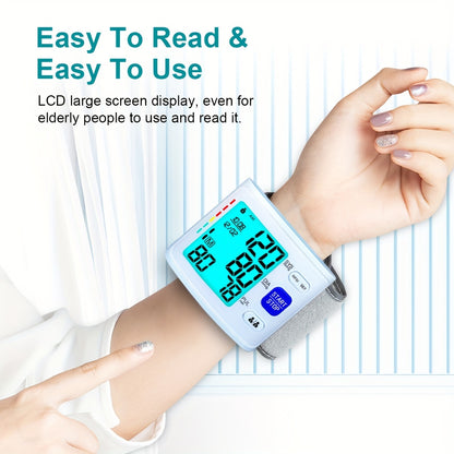 The ALPHAMED U60K Digital Wrist Blood Pressure Monitor is a sleek white and gray device with 2x90 readings. It is battery-powered with a start/stop function and includes a protective case.