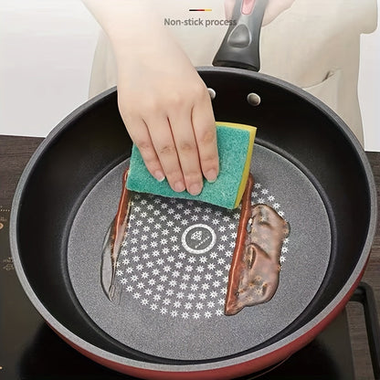 The 9.5-Inch Non-Stick Skillet features a durable cast iron handle, is dishwasher safe, and comes with a lid. It is suitable for smooth-top and induction cookers, and utilizes German Non-Stick Technology for versatile cooking options such as frying