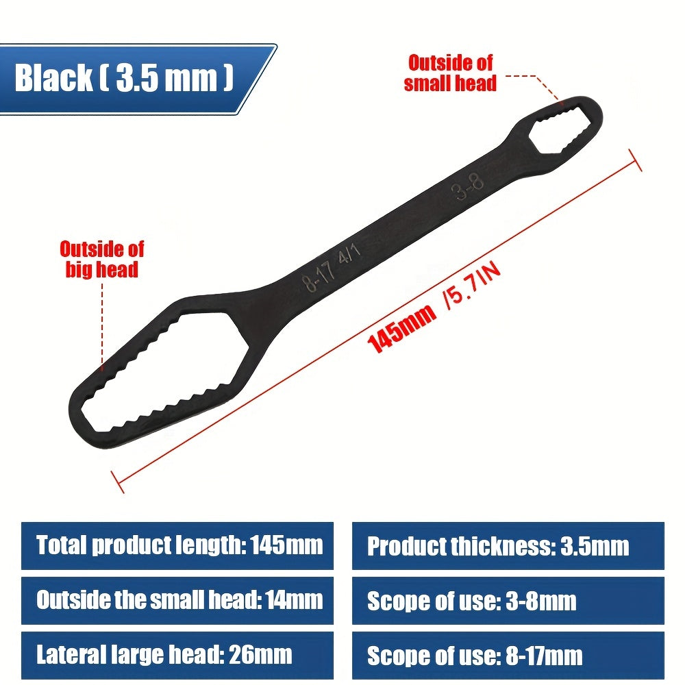 Double-ended plum wrench with 3.5mm thickness for tightening various screws and nuts. Suitable for diameters 8-22mm/3-17mm.