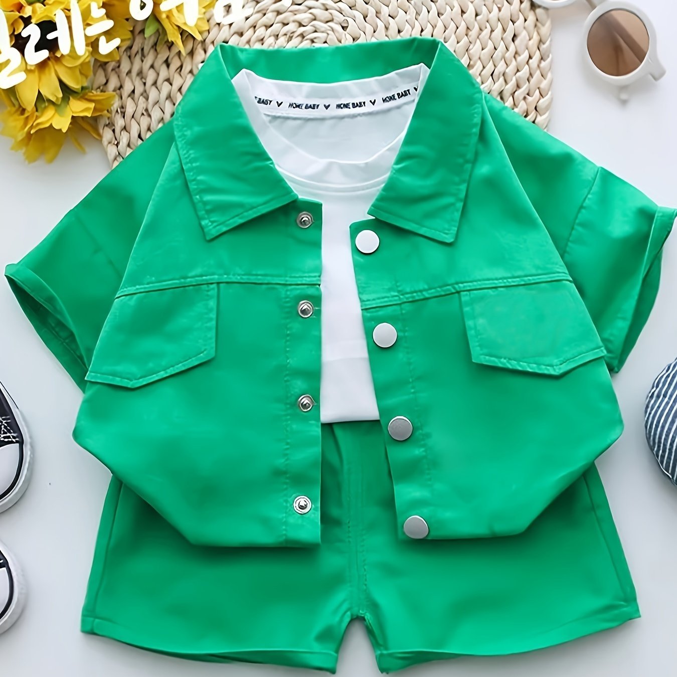 Boy's summer cotton shirt set with button-up lapel shirt and logo shorts.